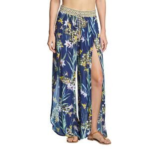Trina Turk Fiji Print Blue Floral Pants LARGE Swim Coverup Tropical Hawaiian